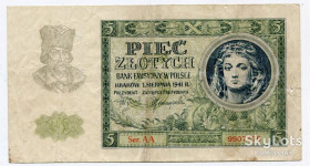 Польща Польша ^/--/^ 5 злотих 1941 р. Польща. АА 9907376 ^_^^^ 5 злотых 1941 Польша. АА 9907376 - фото фото фото