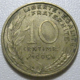 Франція Франция ^/--/^ Франція 10 сантимів 1969 року 43490 ^_^^^ Франция 10 сантимов 1969 года 43490 - фото фото фото