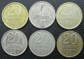 - - ^/--/^ 20 копеек 1961 1980 1981 1983 1989 1990 6 монет без повтора. Возможна поштучная продажа ^_^^^ 20 копійок 1961 1980 1981 1983 1989 6 монет без повтору. Можливий поштучний продаж - фото фото фото