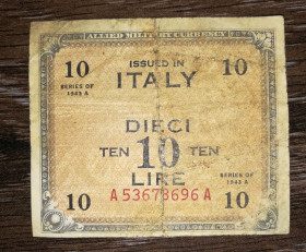Італія, Ватикан Италия, Ватикан ^/--/^ ITALY Италия 10 лир 1943 Союзническая оккупация. С потайным знаком, Forbs, Бостон. ^_^^^ ITALY Італія 10 лір 1943 Союзницька окупація. З потайним знаком, Forbs, Бостон. - фото фото фото