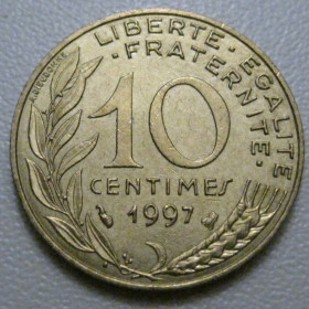 Франція Франция ^/--/^ Франція 10 сантимів 1997 року 42034 ^_^^^ Франция 10 сантимов 1997 года 42034 - фото фото фото