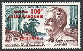 Габон Габон ^/--/^ Габон  (1963) Авиапочта. 50-я годовщина прибытия доктора Швейцера в Габон. Надпечатка ^_^^^ Габон (1963) Авіапошта. 50-та річниця прибуття доктора Швейцера в Габон. Надпечатка - фото фото фото