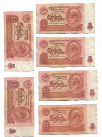 СРСР  СССР  ^/--/^ СССР 10 рублей 1961 серия аа (малые литеры), набор 10 шт. ^_^^^ СРСР 10 рублів 1961 серія аа (малі літери), набір 10 шт. - фото фото фото