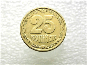 Обігові Обиходные ^/--/^ 25 копійок 1996 рік Україна 1 /--/ ББм &amp;quot; Зминання Штампа Реверсу, Здвоєння Вінка &amp;quot;  (769) ^_^^^ 25 копеек Украина 1996 год 1 /--/ ББм &amp;quot; Изминание штампа реверса, сдвоение венка &amp;quot; (769) - фото фото фото