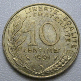 Франція Франция ^/--/^ Франція 10 сантимів 1991 року 42027 ^_^^^ Франция 10 сантимов 1991 года 42027 - фото фото фото