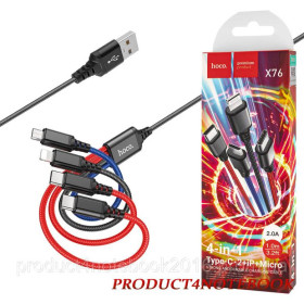 Кабелі Кабели ^/--/^ Кабель HOCO X /--/ 76 USB to MicroUSB, Lightning, Type-C*(2), nylon, aluminum connectors, Black+Red+Blue ( ^_^^^ Кабель HOCO X /--/ 76 USB to MicroUSB, Lightning, Type-C*(2), nylon, aluminum connectors, Black+Red+Blue - фото фото фото