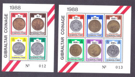 Малі Держави Європи Малые Государства Европы ^/--/^ ZM Гибралтар  1988 г MNH - 2 /--/ а блока - Номер !!! - монеты/деньги на марках ^_^^^ ZM Гібралтар 1988 р MNH - 2 /--/ а блоку - Номер !!! - монети/гроші на марках - фото фото фото