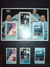 Освоєння космосу Освоение космоса ^/--/^ Ниуэ Niue Space 1979  Mi 260-262 Bl 22 10 /--/ th anniversary of Apollo 11  MNH ^_^^^ Niue Space 1979 Mi 260-262 Bl 22 10 /--/ th anniversary of Apollo 11 MNH - фото фото фото
