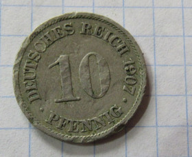 Німецька імперія (-) Германская империя (-) ^/--/^ Германия 10 пфеннигов, 1907 Отметка монетного двора: &amp;quot;A&amp;quot; - Берлин ^_^^^ Німеччина 10 пфенігів, 1907 Позначка монетного двору: &amp;quot;A&amp;quot; - Берлін - фото фото фото