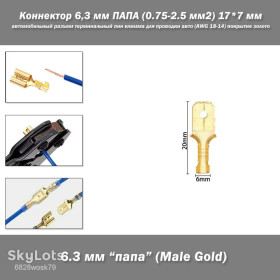 Порти, роз'єми Порты, разъемы ^/--/^ Коннектор 6,3 мм ПАПА  (0.75-2.5 мм /--/ 2) 20*6 мм автомобильный разъем терминальный пин клемма для проводки авто  (AWG 18-14) покрытие золото ^_^^^ Коннектор 6,3 мм ПАПА (0.75-2.5 мм /--/ 2) 20*6 мм автомобільний роз'єм термінальний пін клема для проведення авто (AWG 18-14) покриття золото - фото фото фото