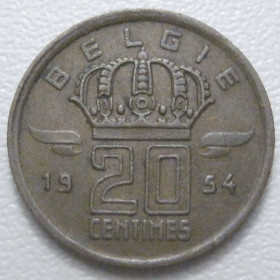 Бельгія Бельгия ^/--/^ Бельгія 20 сантимів 1954 року Belgie 42943 ^_^^^ Бельгия 20 сантимов 1954 года Belgie 42943 - фото фото фото