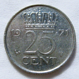 Нідерланди Нидерланды ^/--/^ Нідерланди 25 центів 1971 року #6 /--/ П /--/ 1112 ^_^^^ Нидерланды 25 центов 1971 года #6 /--/ П /--/ 1112 - фото фото фото