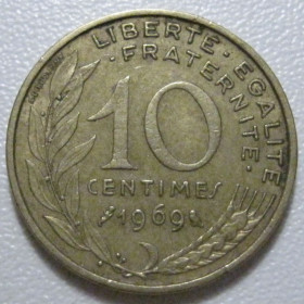 Франція Франция ^/--/^ Франція 10 сантимів 1969 року 1341 ^_^^^ Франция 10 сантимов 1969 года 1341 - фото фото фото