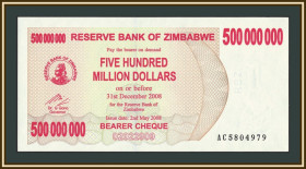 Зімбабве Зимбабве ^/--/^ Зимбабве 500000000 долларов 2008 P-60 UNC ^_^^^ Зімбабве 500000000 доларів 2008 P-60 UNC - фото фото фото