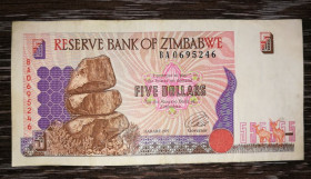 Зімбабве Зимбабве ^/--/^ ZIMBABWE Зімбабве 5 доларів 1997 тип 1, рідкість  (ВА серія). Металографія, реверс світло-коричневий. ^_^^^ ZIMBABWE Зимбабве 5 долларов 1997 тип 1, редкость (ВА серия). Металлография, реверс светло-коричневый. - фото фото фото