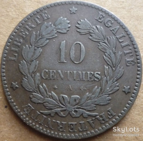 Франція Франция ^/--/^ Франция 10 сантимов 1874 A  VF 7  XF 20 ^_^^^ Франція 10 сантимів 1874 A VF 7 XF 20 - фото фото фото