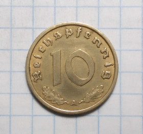 Германія (-) Германия (-) ^/--/^ Германия 3 Рейх 10 пфеннигов 1938 А сохран ^_^^^ Німеччина 3 Рейх 10 пфенігів 1938 А збереження - фото фото фото