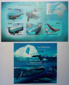 Комори Коморы ^/--/^ Коморские острова, Коморы 2011 Киты, морская фауна, MNH  (КЦ=24 евро) ^_^^^ Коморські острови, Комори 2011 Кити, морська фауна, MNH (КЦ = 24 євро) - фото фото фото