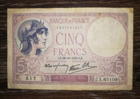 Франція Франция ^/--/^ FRANCE Франція 5 франків 26 жовтня 1939 ^_^^^ Франция 5 франков 26 октября 1939 - фото фото фото