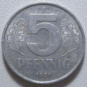 НДР, ФРН ГДР, ФРГ ^/--/^ Німеччина - НДР 5 пфенігів 1968 року 43341 ^_^^^ Германия - ГДР 5 пфеннигов 1968 года 43341 - фото фото фото
