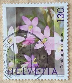 Флора Флора ^/--/^ Швейцария 2003 г - Лекарственные растения. Centaurium minus  (золототысячник обыкновенный), гаш ^_^^^ Швейцарія 2003 - Лікарські рослини. Centaurium minus (золототисячник звичайний), гаш - фото фото фото