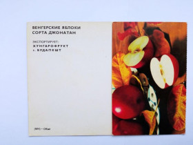 Іноземні Иностранные ^/--/^ Открытка. Венгрия, 1970-е, РЕКЛАМА, венгерские яблоки сорта Джонатан, ХУНГАРОФРУКТ Будапешт чистая ^_^^^ листівка. Угорщина, 1970-ті, РЕКЛАМА, угорські яблука сорту Джонатан, ХУНГАРОФРУКТ Будапешт чиста - фото фото фото