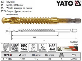 Інші інструменти Другие инструменты ^/--/^ Сверло фрезерное YATO HSS-TIN 12 мм l /--/ 115 мм HEX - 1/4 YT-44830 ^_^^^ Сверло фрезерне YATO HSS-TIN 12 мм l /--/ 115 мм HEX - 1/4&amp;quot; YT-44830 - фото фото фото