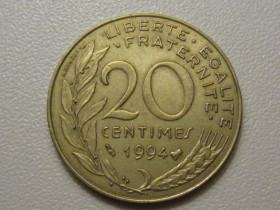 Франція Франция ^/--/^ Франция 20 сантимов 1994 года. Пчела 38163 ^_^^^ Франція 20 сантимів 1994 року. Бджола 38163 - фото фото фото