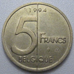 Бельгія Бельгия ^/--/^ Бельгія 5 франків 1994 року Belgique 42907 ^_^^^ Бельгия 5 франков 1994 года Belgique 42907 - фото фото фото