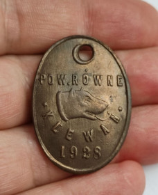 Інше Другое ^/--/^ Винтажный польский налоговый жетон для собак 1928 года. Ровно . Антикварный собачий жетон  dk /--/ 659 ^_^^^ Польський податковий жетон для собак 1928 року. Антикварний собачий жетон dk /--/ 659 - фото фото фото