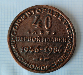 Медалі СРСР Медали СССР ^/--/^ Медаль 40 лет первой плавки 1946-1986 Союзвторцветмет Причерноморское ПЗУ, МЦМ СССР, Одесса ^_^^^ Медаль 40 років першої плавки 1946-1986 Союзвторцвітмет Причорноморське ПЗУ, МЦМ СРСР, Одеса - фото фото фото