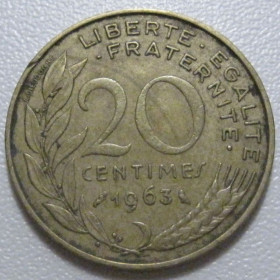Франція Франция ^/--/^ Франція 20 сантимів 1963 року 43566 ^_^^^ Франция 20 сантимов 1963 года 43566 - фото фото фото