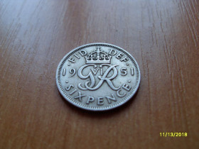 Георг VI (-) Георг VI (-) ^/--/^ 1951 Georgivs 6. Британские 6 пенсов ^_^^^ 1951 Georgivs 6. Британські 6 пенсів - фото фото фото