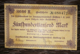 Німеччина Германия ^/--/^ GERMANY Німеччина 500000 марок 1 вересня 1923 Штольберг  (Рейнланд) Вод. знаки. ^_^^^ GERMANY Германия 500000 марок 1 сентября 1923 Штольберг (Рейнланд) Вод. знаки. - фото фото фото