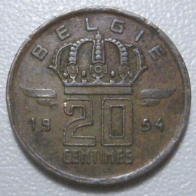 Бельгія Бельгия ^/--/^ Бельгія 20 сантимів 1954 року Belgie 42231 ^_^^^ Бельгия 20 сантимов 1954 года Belgie 42231 - фото фото фото