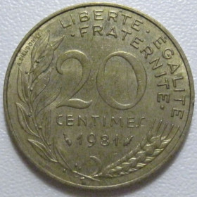 Франція Франция ^/--/^ Франція 20 сантимів 1981 року 43600 ^_^^^ Франция 20 сантимов 1981 года 43600 - фото фото фото
