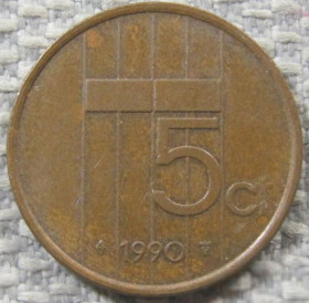 Нідерланди Нидерланды ^/--/^ Нидерланды 5 центов 1990 года 12706 ^_^^^ Нідерланди 5 центів 1990 року 12706 - фото фото фото