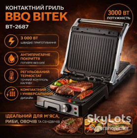 Аерогриль Аэрогриль ^/--/^ Электрический контактный гриль 3000 /--/ Вт, BBQ BITEK BT-2687 / Прижимной электрогриль с регулировкой температуры ^_^^^ Електричний контактний гриль 3000 /--/ Вт, BBQ BITEK BT-2687 / Притискний електрогриль з регулюванням температури - фото фото фото