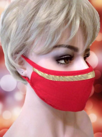 Аксесуари Аксессуары ^/--/^ Красная трикотажная маска с блестящей золотой полоской, двухслойная эластичная многоразовая маска ^_^^^ Червона трикотажна маска з блискучою золотою смужкою, двошарова еластична багаторазова маска - фото фото фото
