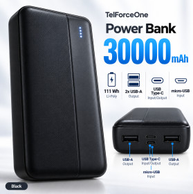 Зовнішні акумулятори (Power Bank) Внешние аккумуляторы (Power Bank) ^/--/^ Павербанк Power Bank TelForceOne 30000 mAh 111 Wh Li-Poly 2 USB-A USB Type-C Micro-USB Чорний  (20094) - фото фото фото