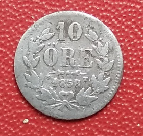 Швеція Швеция ^/--/^ Швеция 10 эре, 1858 г, серебро ^_^^^ Швеція 10 ер, 1858 р, срібло - фото фото фото