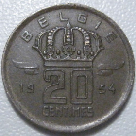 Бельгія Бельгия ^/--/^ Бельгія 20 сантимів 1954 року Belgie 42233 ^_^^^ Бельгия 20 сантимов 1954 года Belgie 42233 - фото фото фото