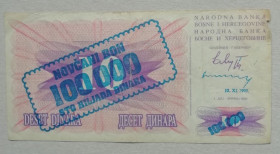 Балканський півострів Балканский полуостров ^/--/^ Босния и Герцеговина 100000 динаров  (10 динаров) 1993  (1992) ^_^^^ Боснія і Герцеговина 100000 динарів (10 динарів) 1993 (1992) - фото фото фото