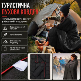 Спальні мішки, гамаки Спальные мешки, гамаки ^/--/^ Туристическое складное одеяло для кемпинга 200×140 см с водоотталкивающим покрытием DWR и сумкой-чехлом, 780 г, черное ^_^^^ Туристичний складний ковдр для кемпінгу 200×140 см з водовідштовхуючим покриттям DWR і сумкою-чехлом, 780 г, чорне - фото фото фото