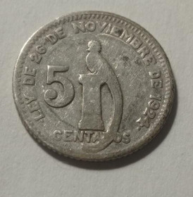 Інше Другое ^/--/^ Гватемала. 5 сентаво. 1944. Срібло. ^_^^^ Гватемала. 5 сентаво. 1944. Серебро. - фото фото фото