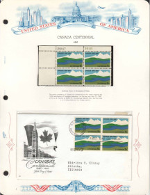 Північна Америка Северная Америка ^/--/^ США 1967  г - квартблок MNH + КПД  ХМК с квартблоком  -   Канада ^_^^^ 1967 — квартблок MNH + ККД ХМК з квартблоком — Канада - фото фото фото