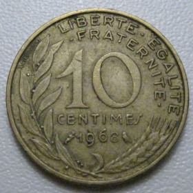 Франція Франция ^/--/^ Франція 10 сантимів 1968 року 41992 ^_^^^ Франция 10 сантимов 1968 года 41992 - фото фото фото