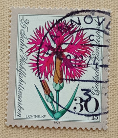 Флора Флора ^/--/^ Германия 1974 г - Цветы. Гвоздика пышная  (Dianthus superbus), гаш ^_^^^ Німеччина 1974 - Квіти. Гвоздика пишна (Dianthus superbus), гаш - фото фото фото