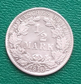 Німецька імперія (-) Германская империя (-) ^/--/^ Германия ½ марки, 1918 г, &amp;quot;F&amp;quot; - Штутгарт, серебро ^_^^^ Німеччина 1⁄2 марки, 1918 р, &amp;quot;F&amp;quot; - Штутгарт, срібло - фото фото фото