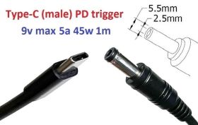 Інше Другое ^/--/^ Переходник на 9 /--/ v (max 5 /--/ a, 45 /--/ w) 5.5 /--/ x /--/ 2.5 /--/ mm 1 /--/ m з USB Type-C (male) Power Delivery PD тригер (A class) 1 - фото фото фото